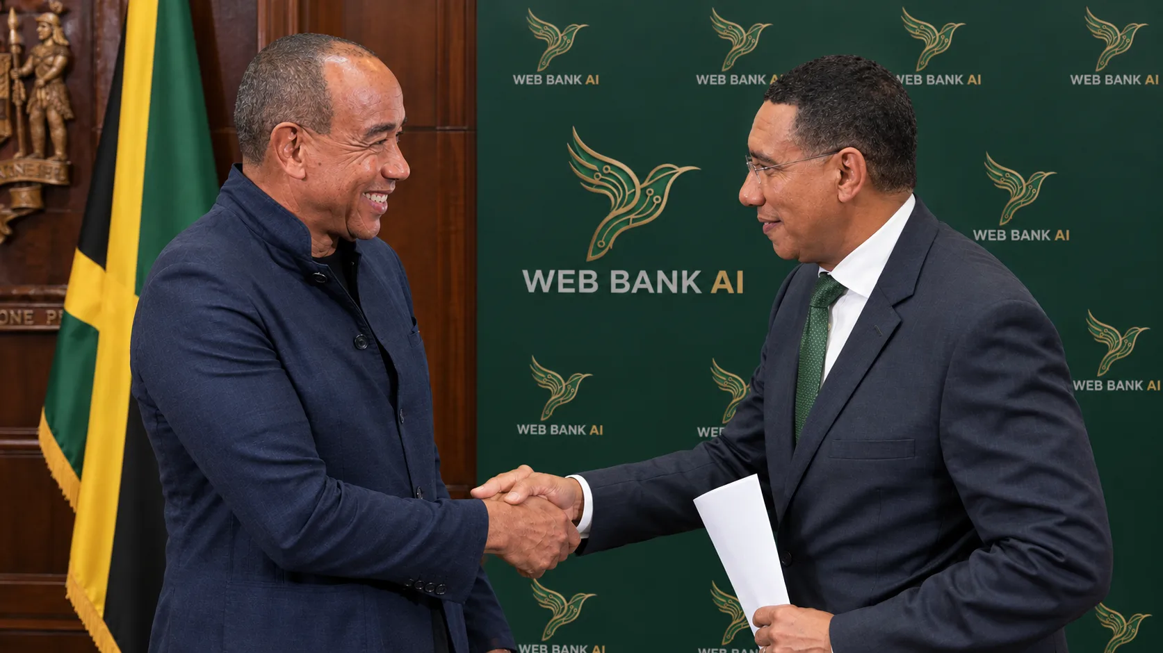 Prime Minister Andrew Holness and Michael Lee-Chin at Web Bank Ai launch